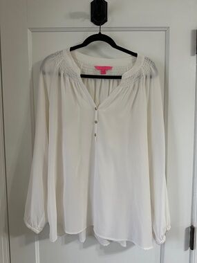 Lilly Pulitzer Cream Smocked-Yoke Button Front Blouse